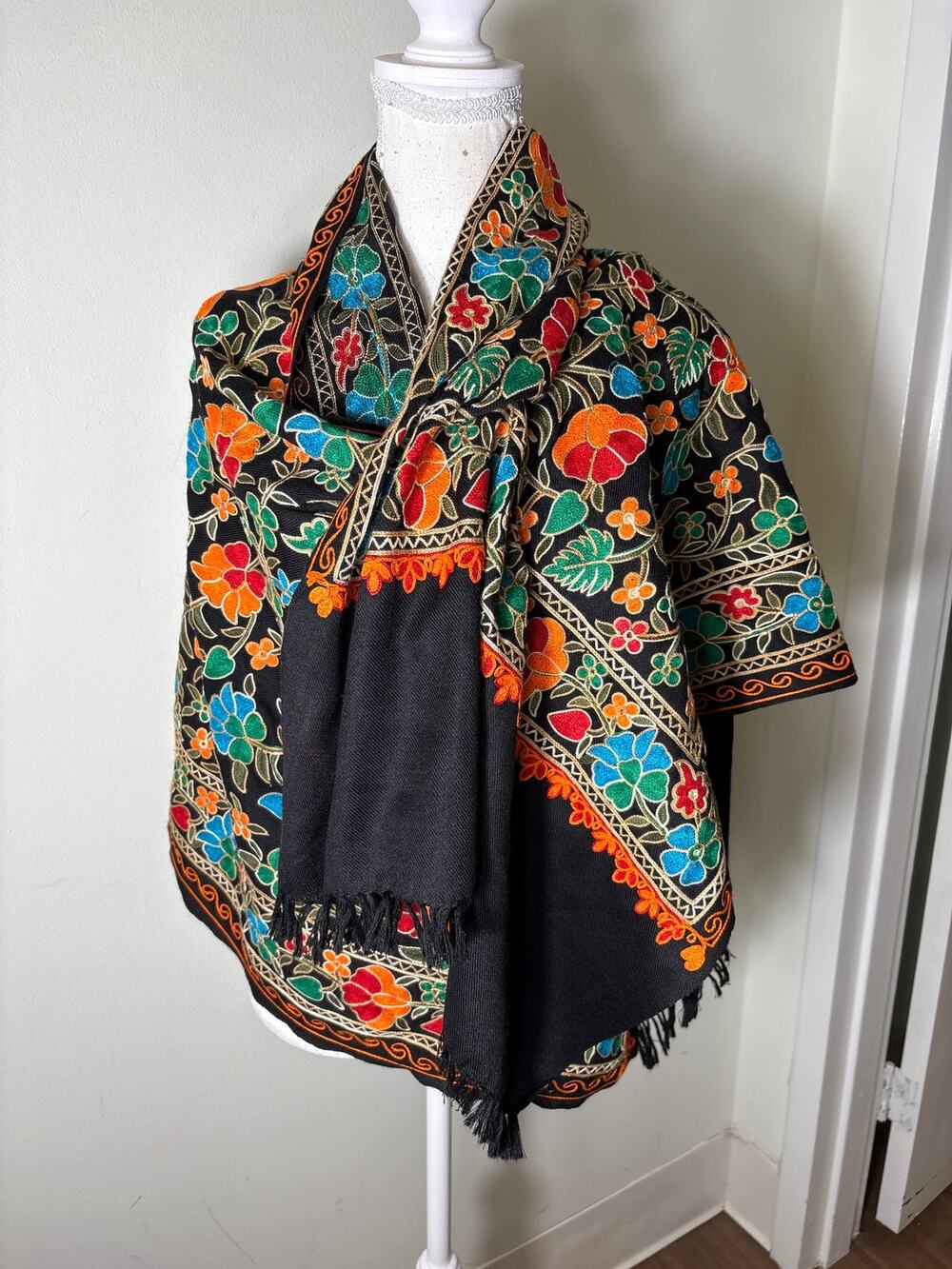 Black Multicolored Floral Embroidered Scarf